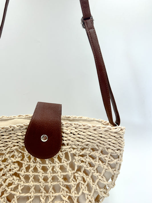 Small Cream Woven Cross Body Bag with Leather Strap