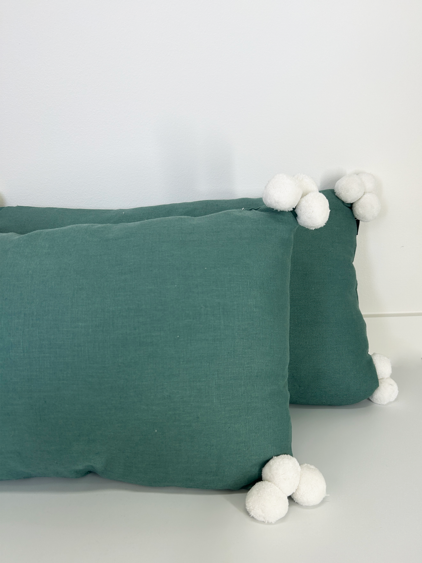 Forest Green and White Rectangle Throw Cushion with Pom Poms