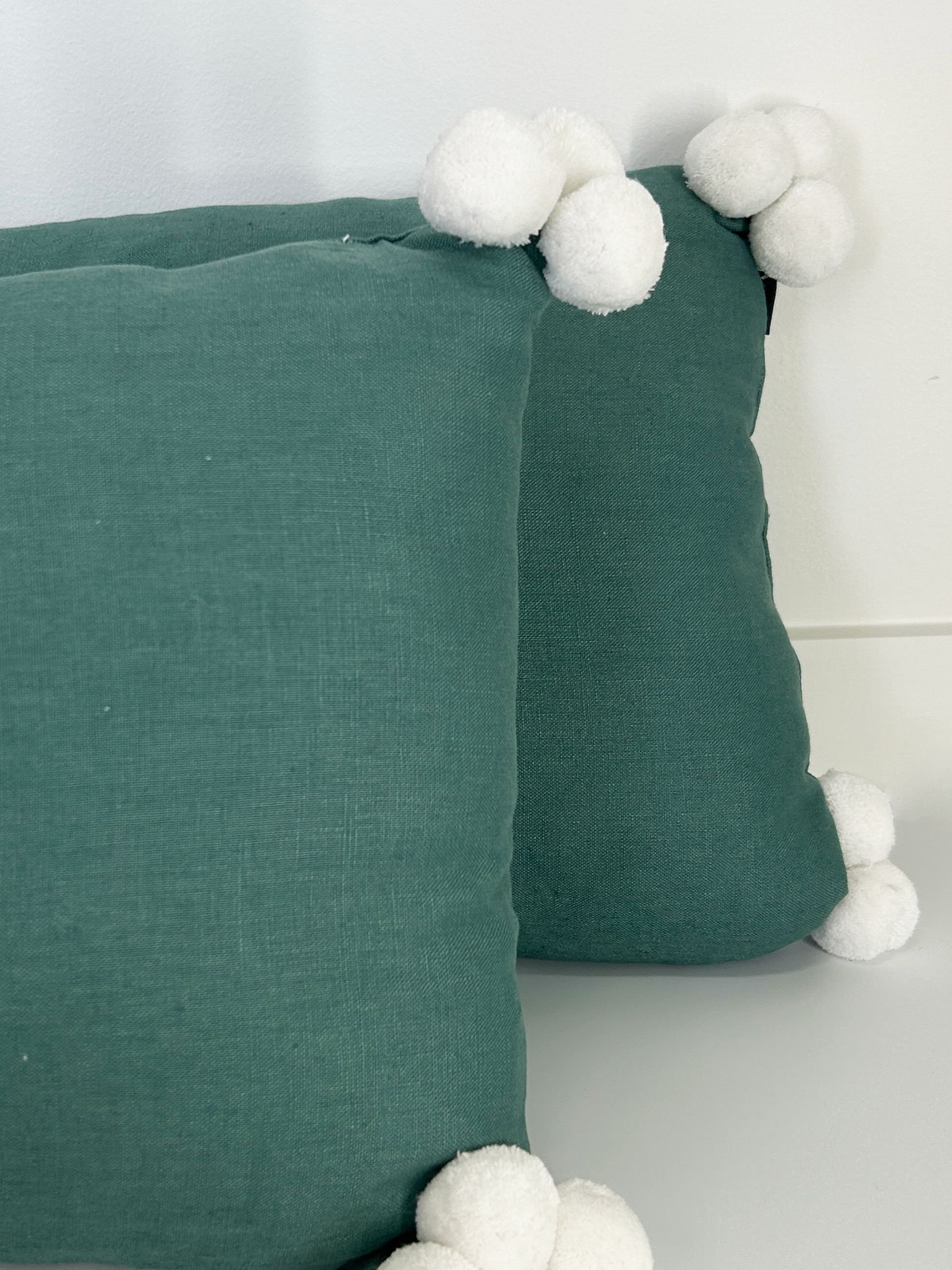 Forest Green and White Rectangle Throw Cushion with Pom Poms