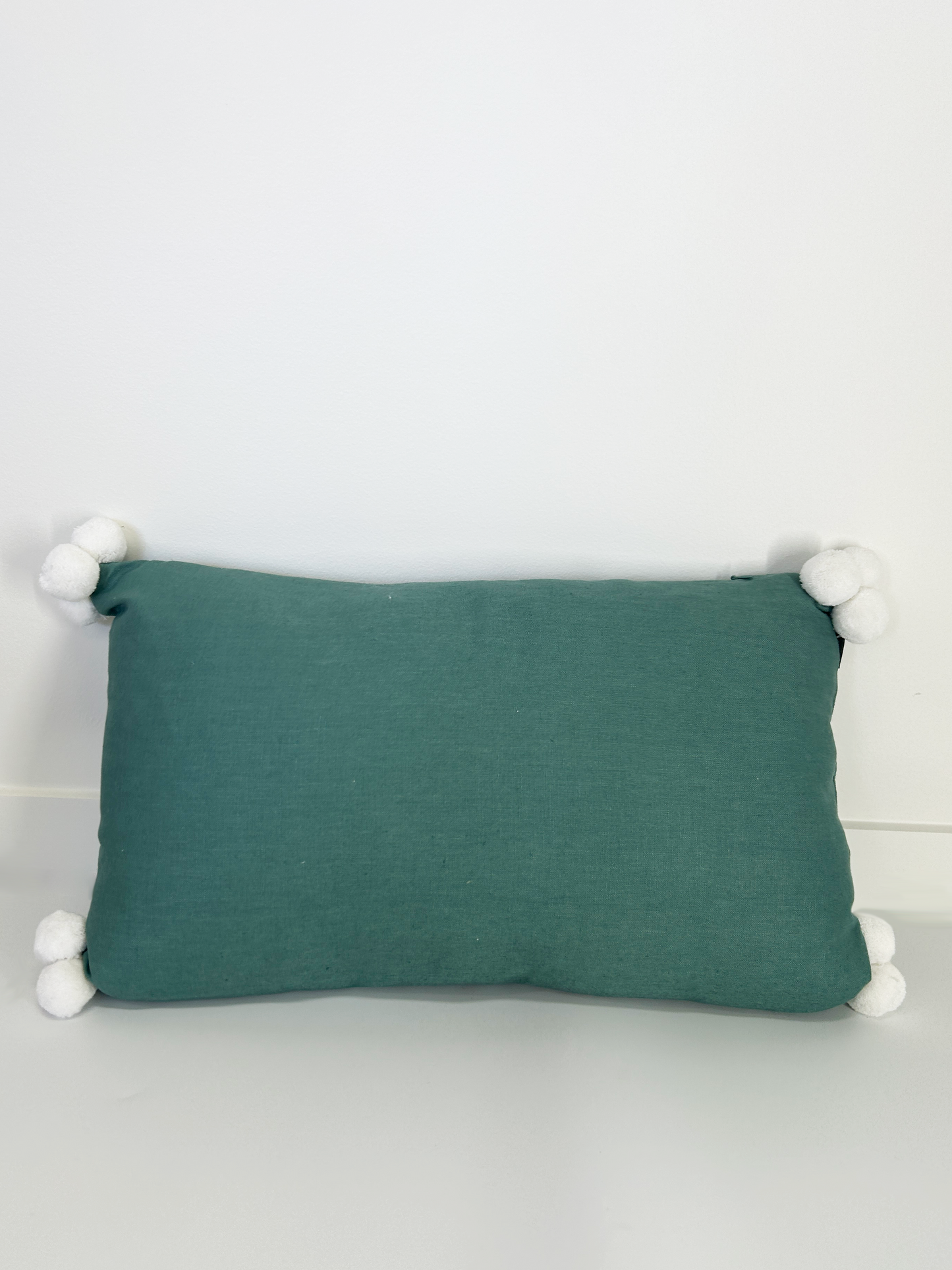 Forest Green and White Rectangle Throw Cushion with Pom Poms