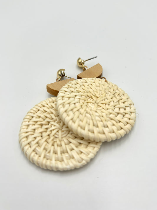 Round rattan woven drop earring with wooden and gold accents