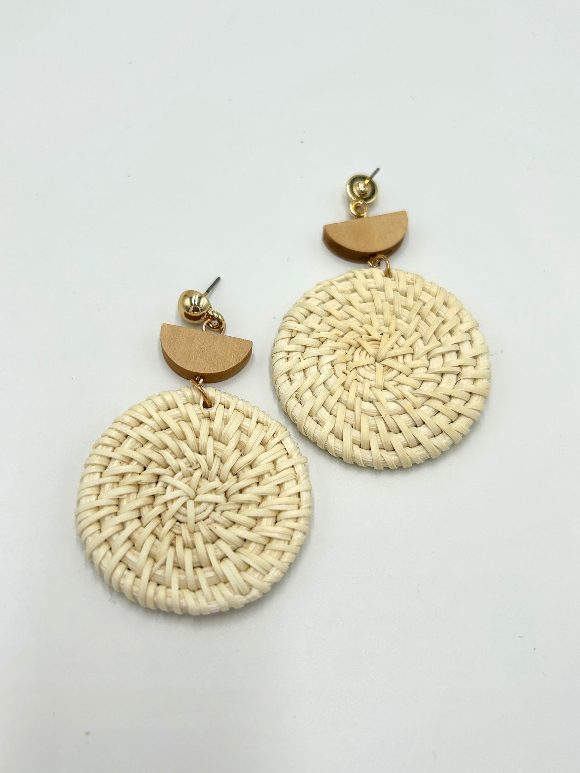 Round rattan woven drop earring with wooden and gold accents