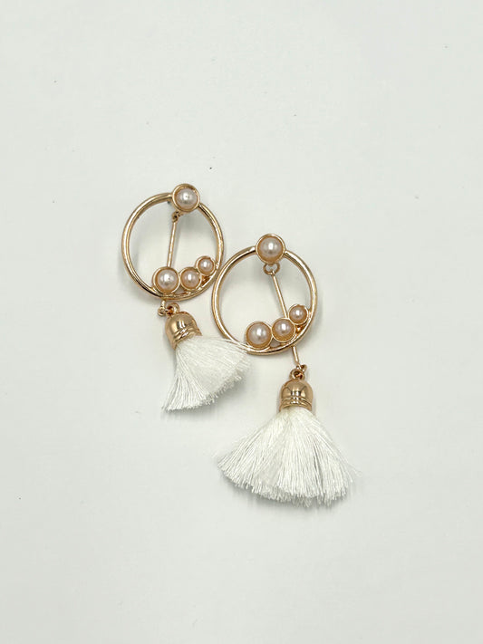 Gold Round Tassel Drop Earrings with pearls