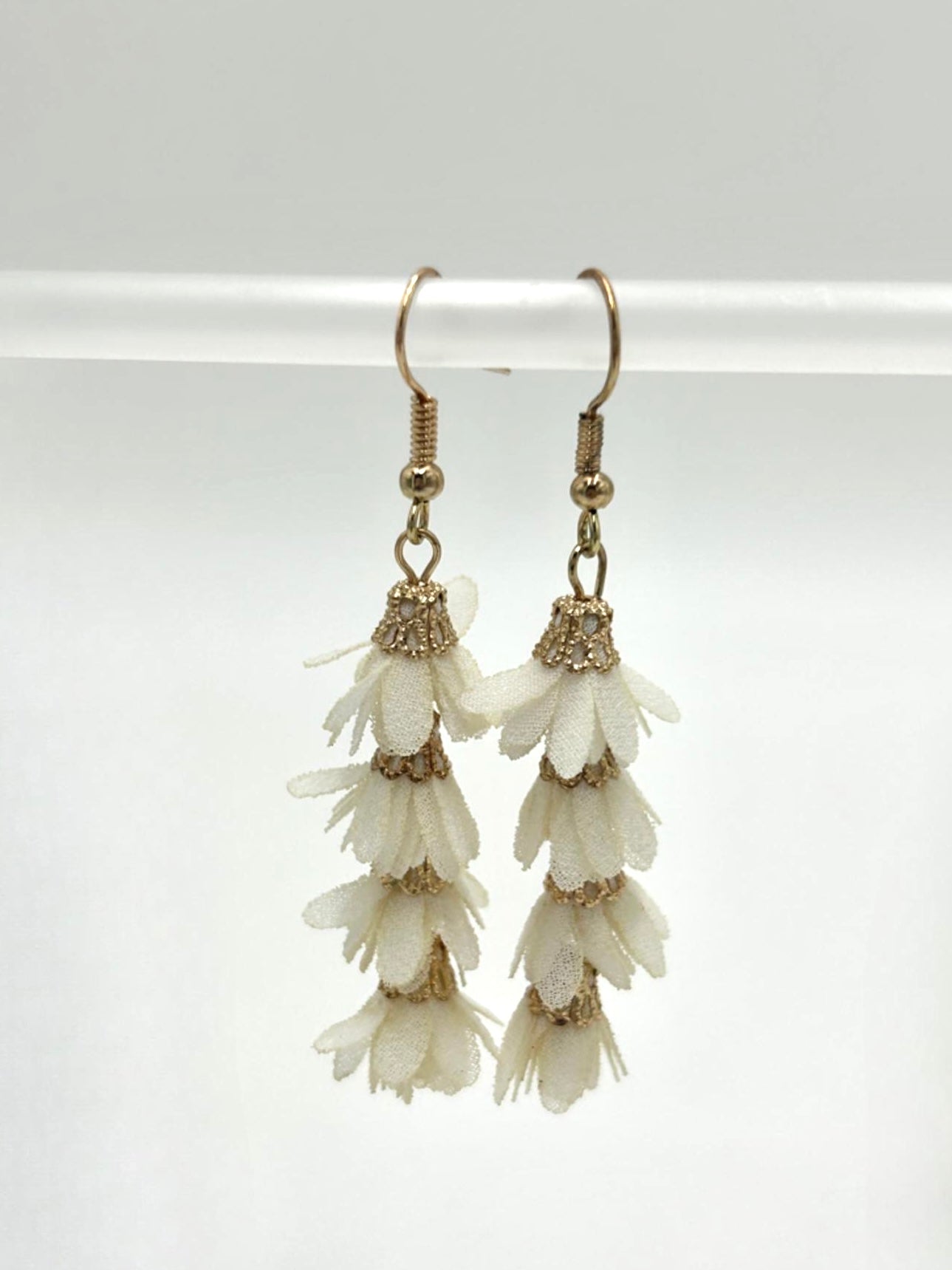 Fabric Flower Drop Earrings with Gold accents