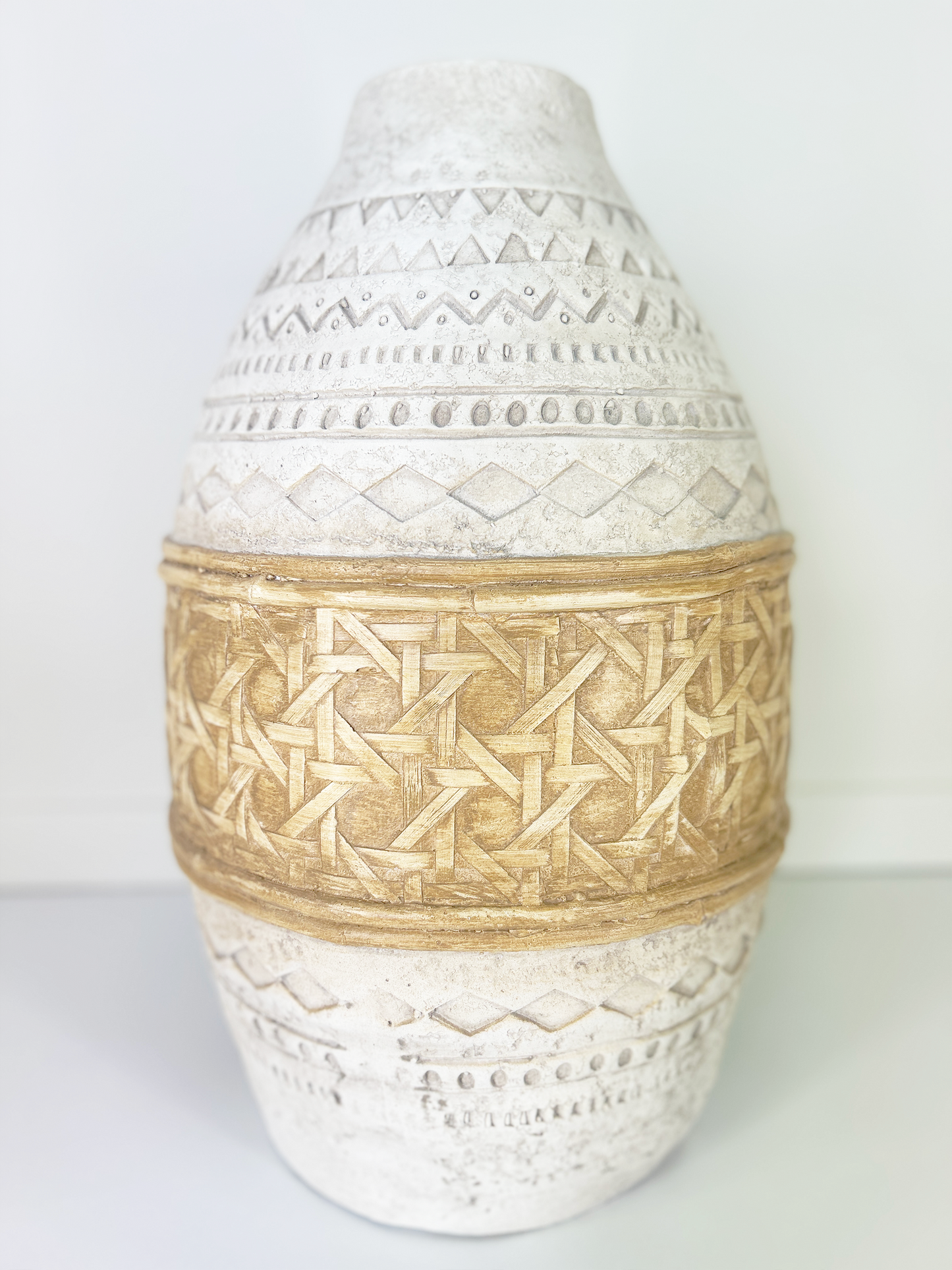 Large White Boho Style Vase with Cream detailing 