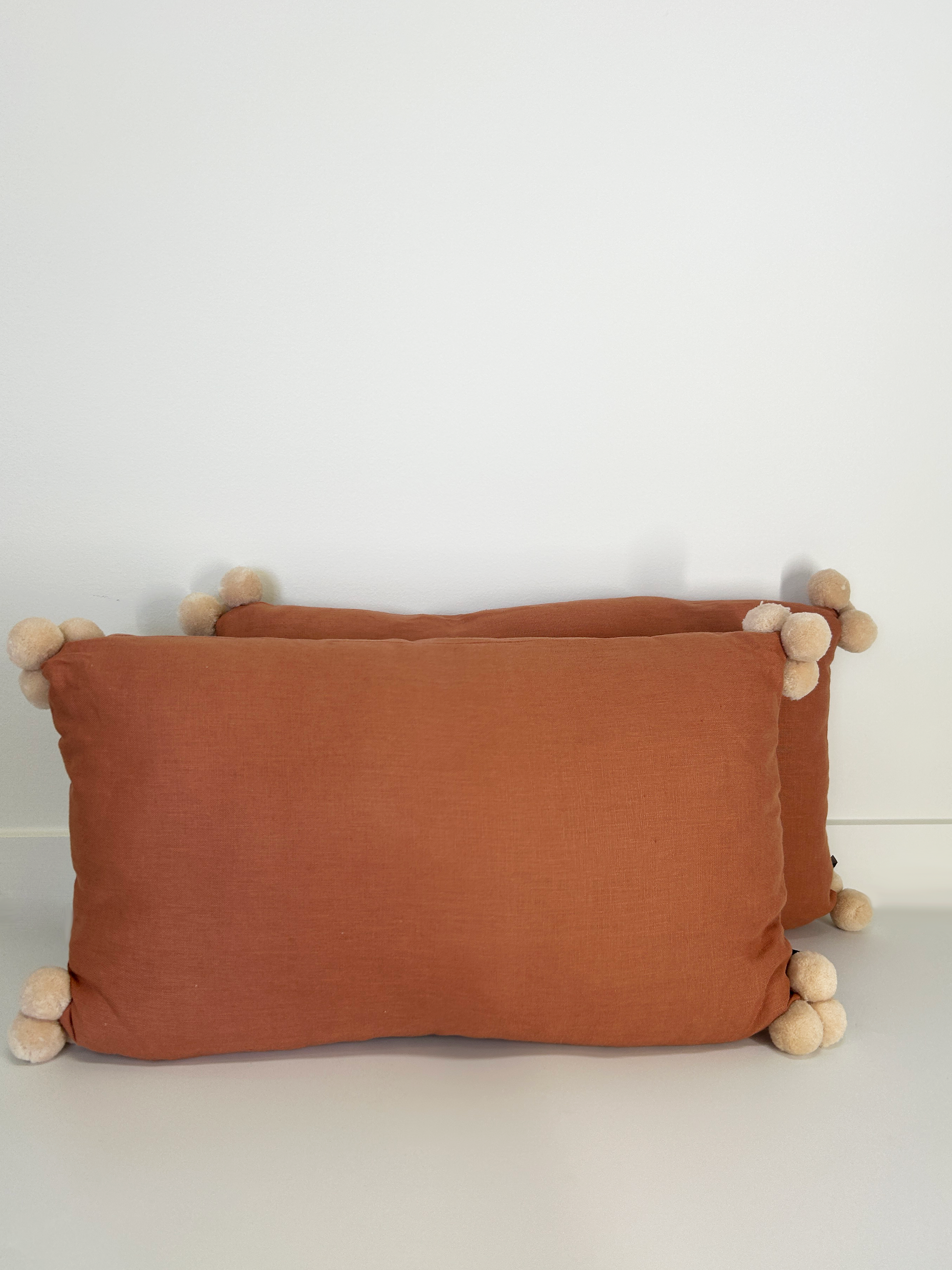 Ocre and White Rectangle Throw Cushion with Pom Poms