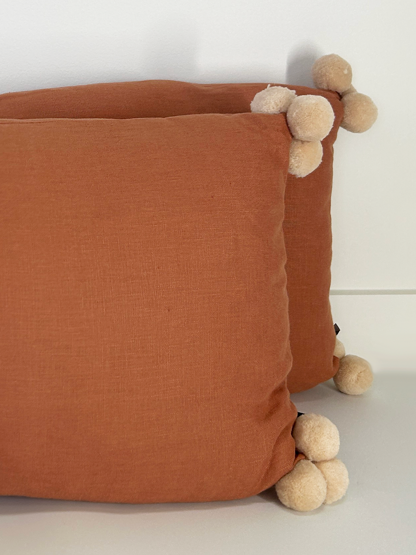 Ocre and White Rectangle Throw Cushion with Pom Poms