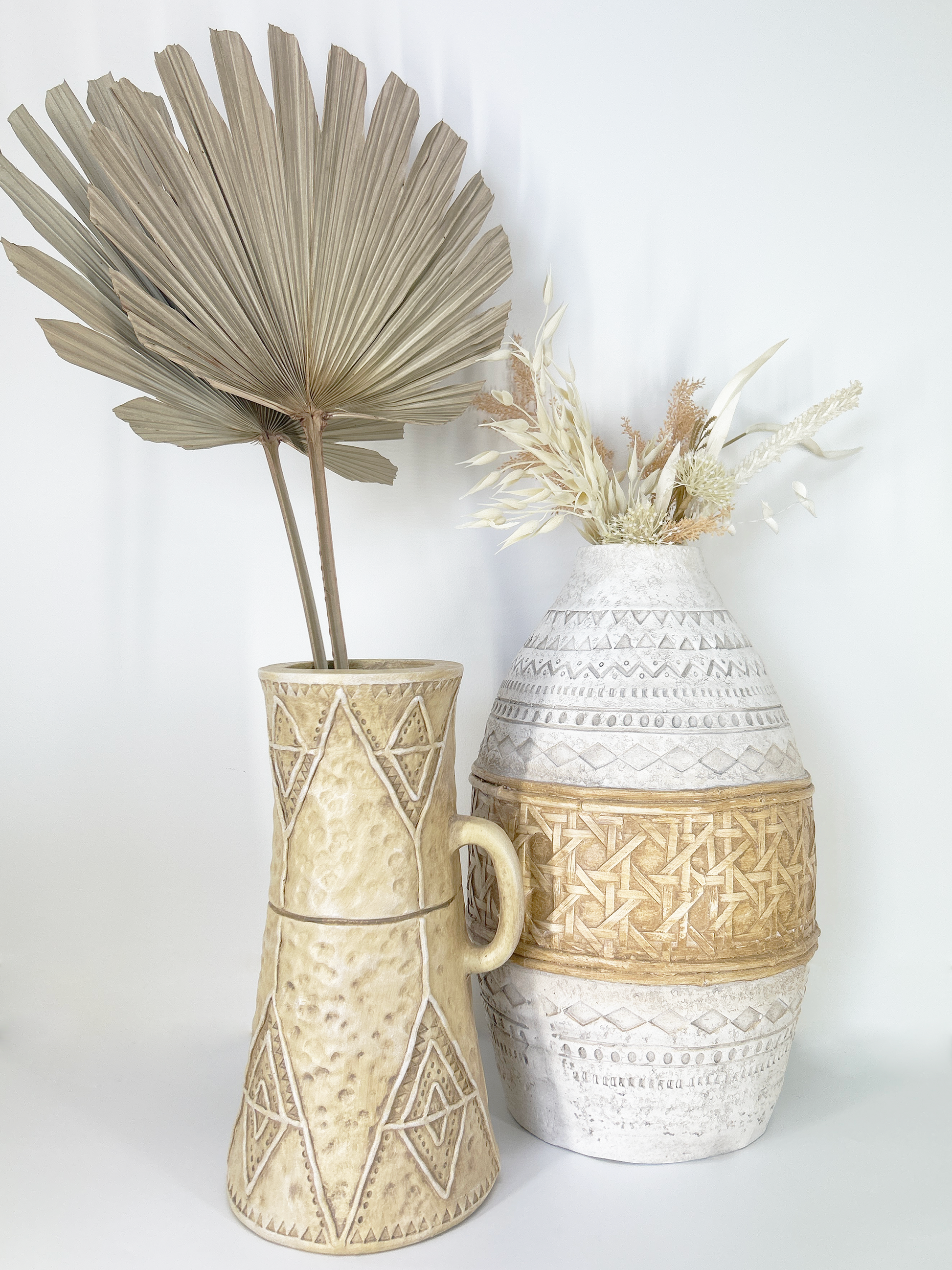 Large White Boho Style Vase with Cream detailing 