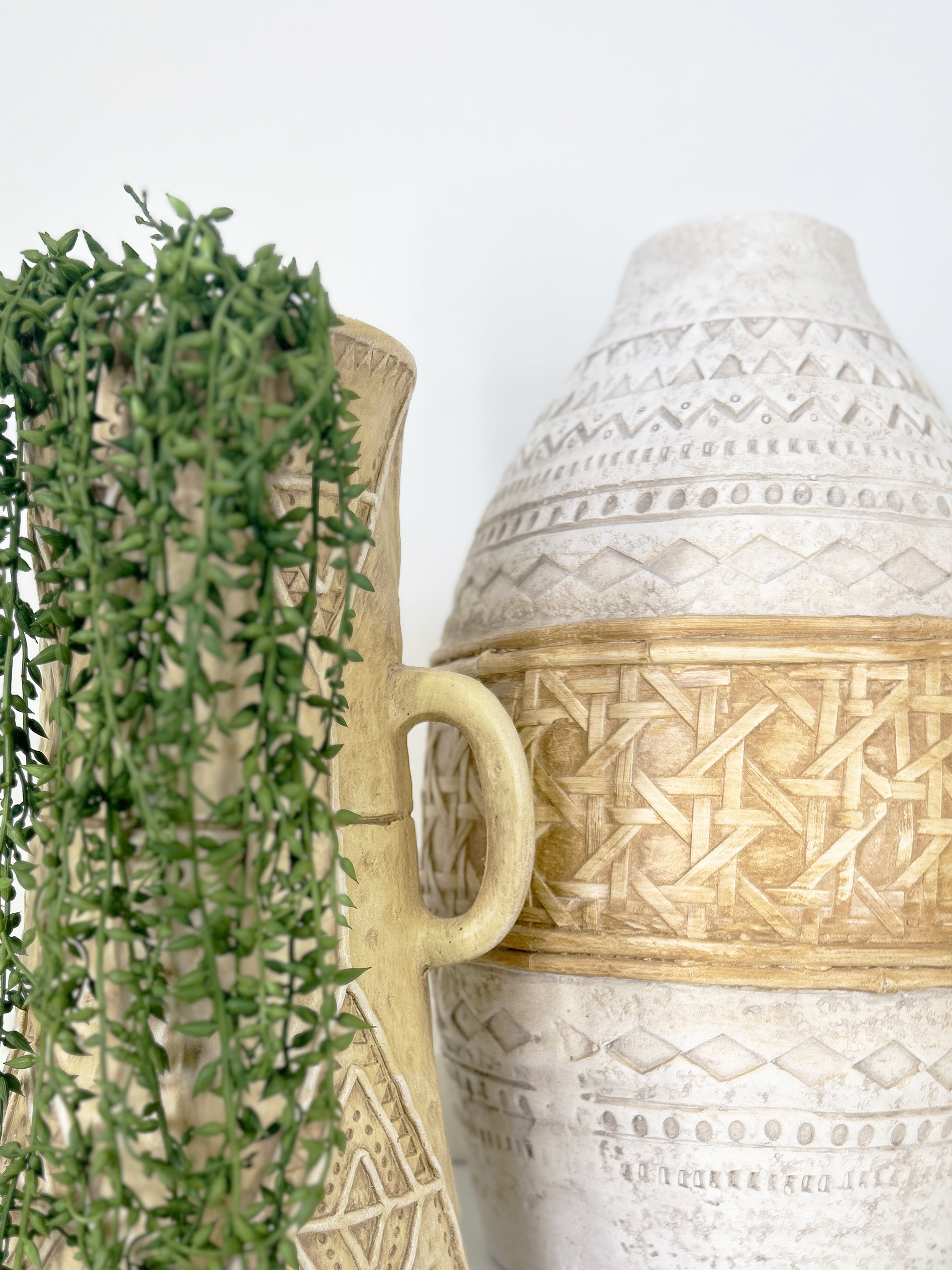 Large White Boho Style Vase with Cream detailing 