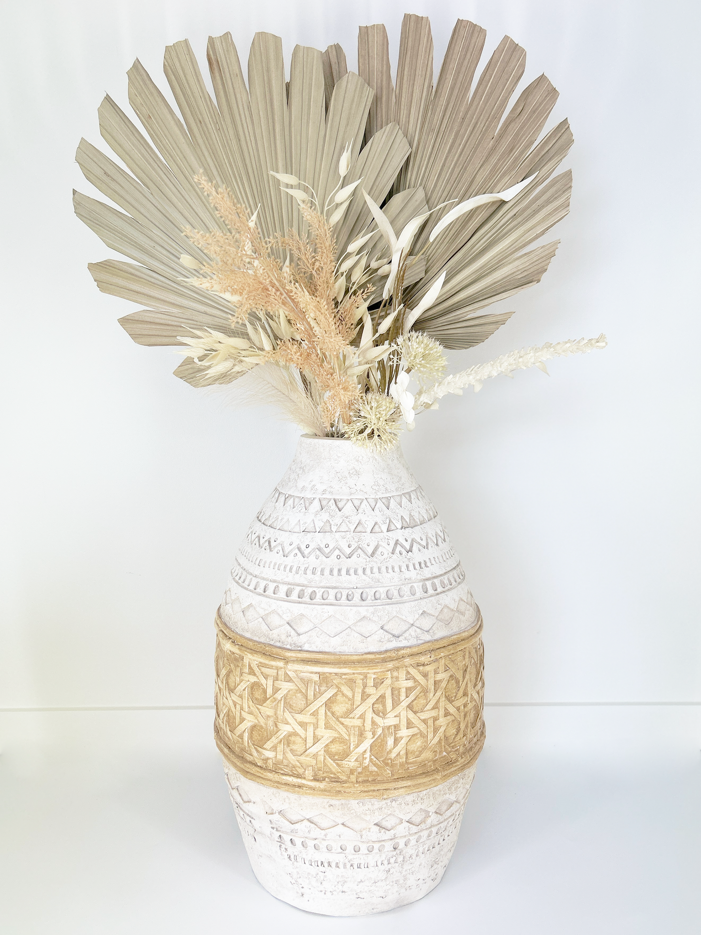 Large White Boho Style Vase with Cream detailing 