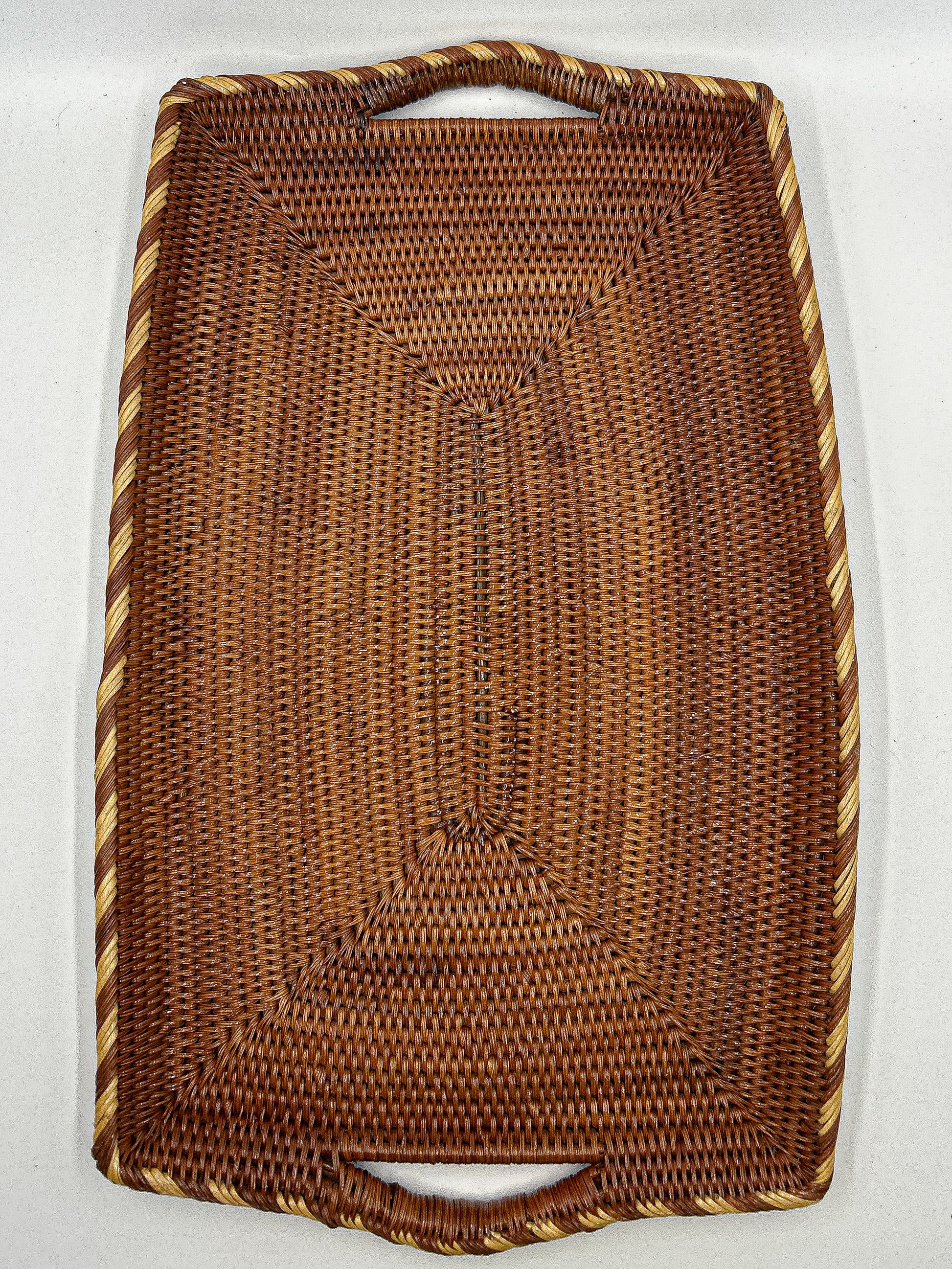 handwoven  Rectangle Serving Tray with handles and stripe detailing. Handwoven in papua new guinea