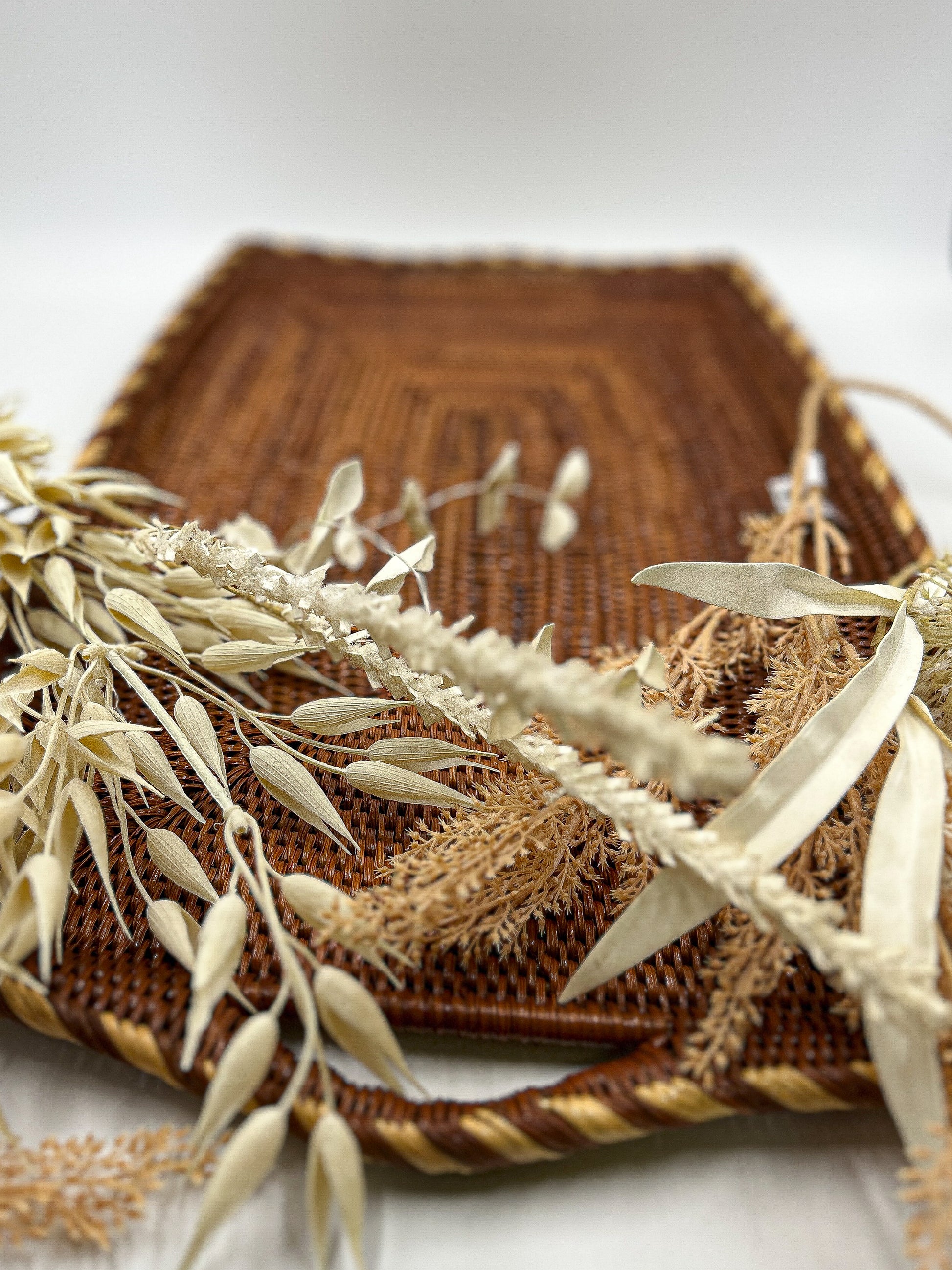 handwoven  Rectangle Serving Tray with handles and stripe detailing. Handwoven in papua new guinea