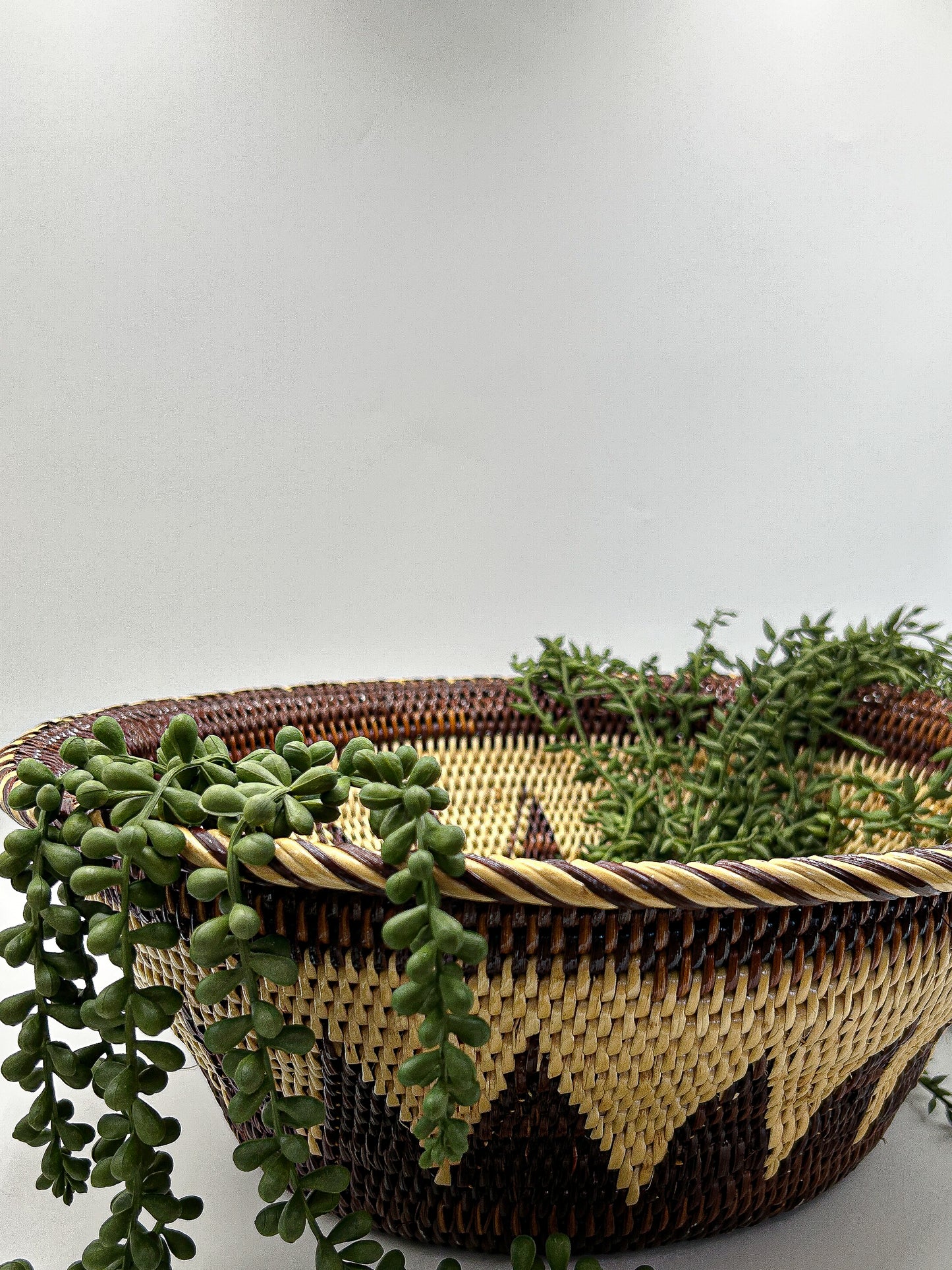 Cream and Brown Round Handwoven Basket from Papua New Guinea