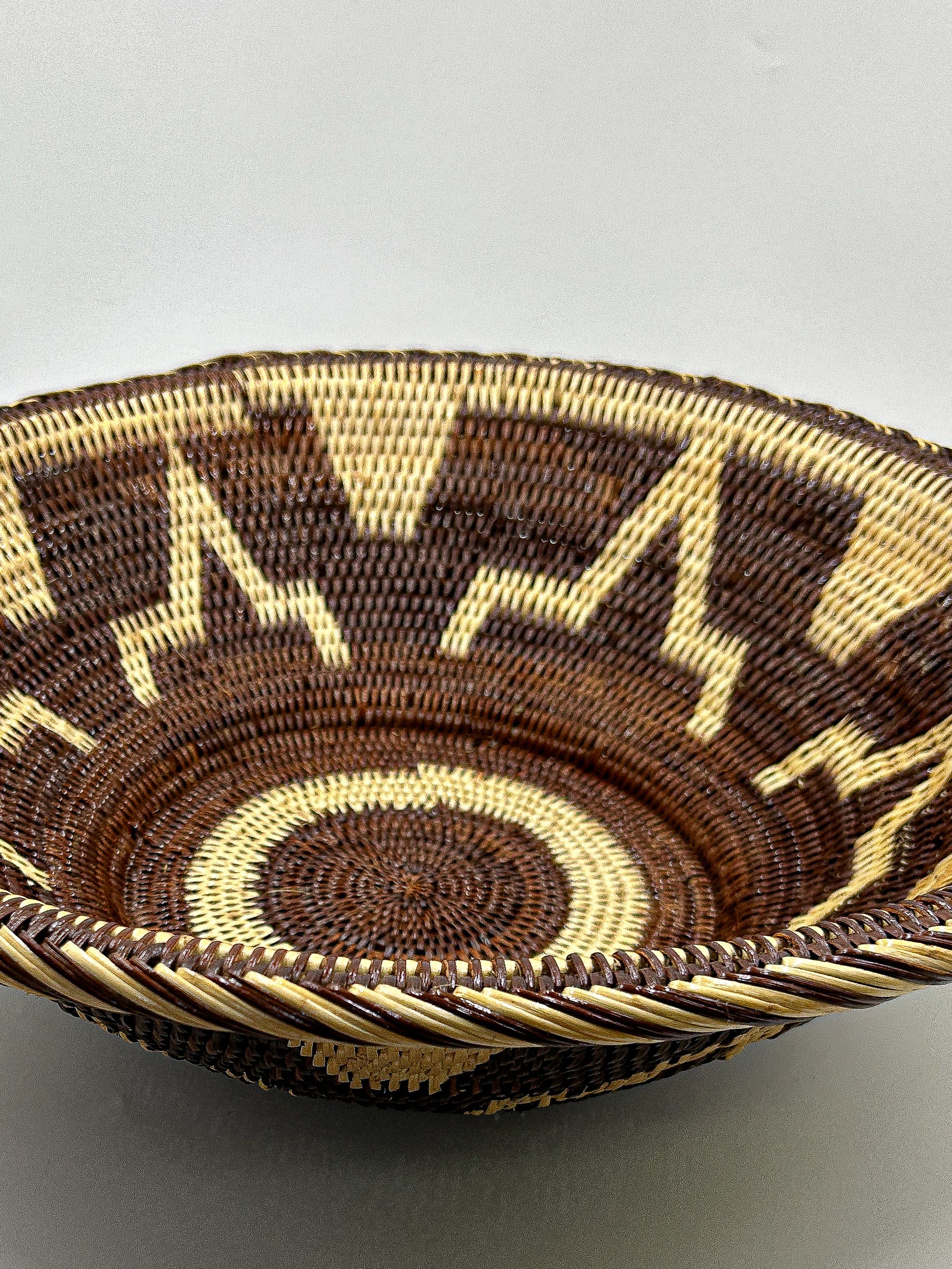 Cream and Brown Round Handwoven Basket from Papua New Guinea