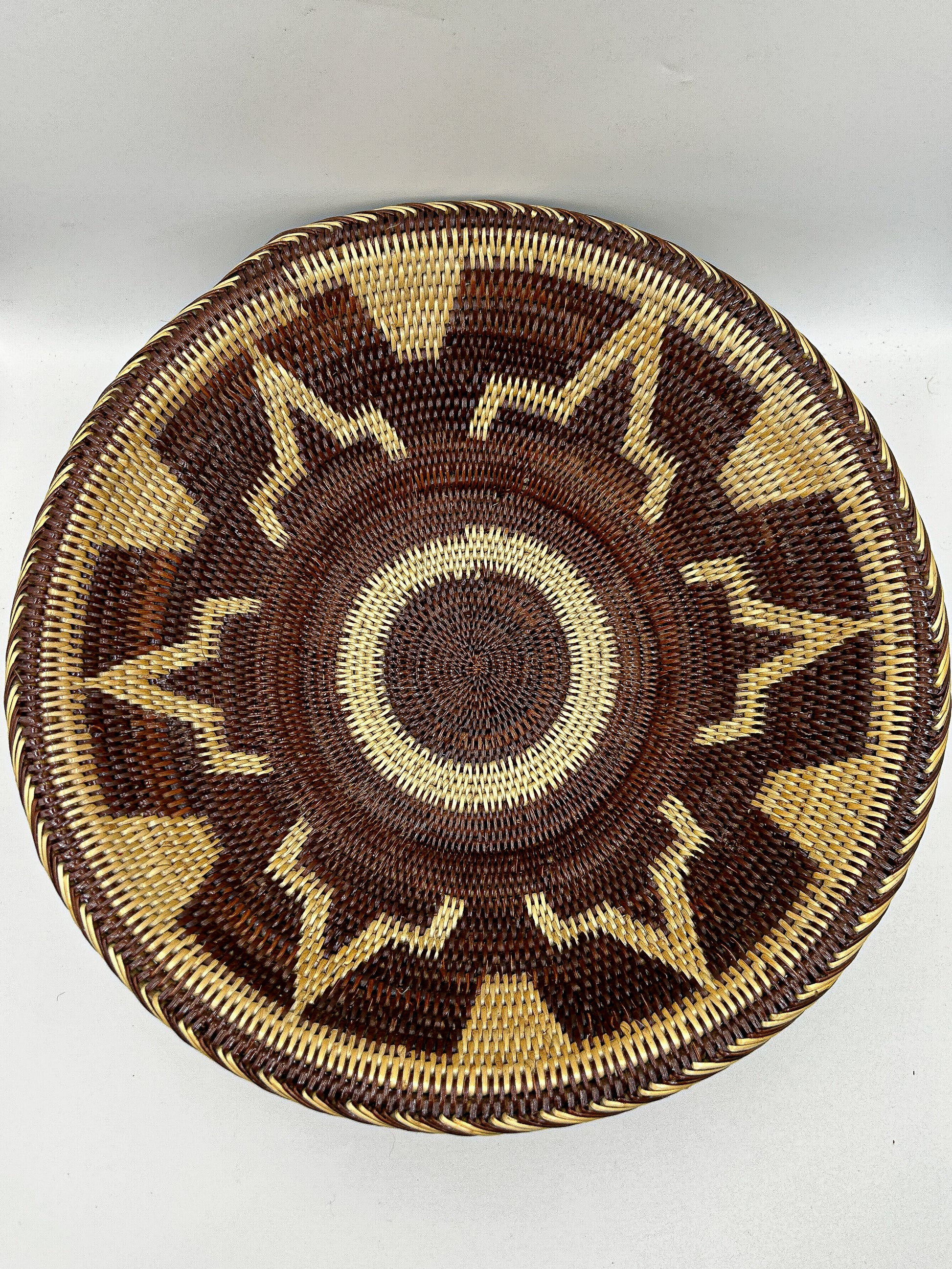 Cream and Brown Round Handwoven Basket from Papua New Guinea