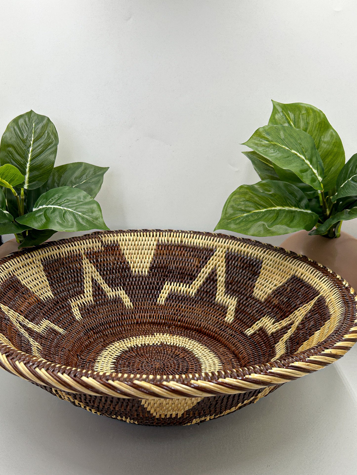 Cream and Brown Round Handwoven Basket from Papua New Guinea