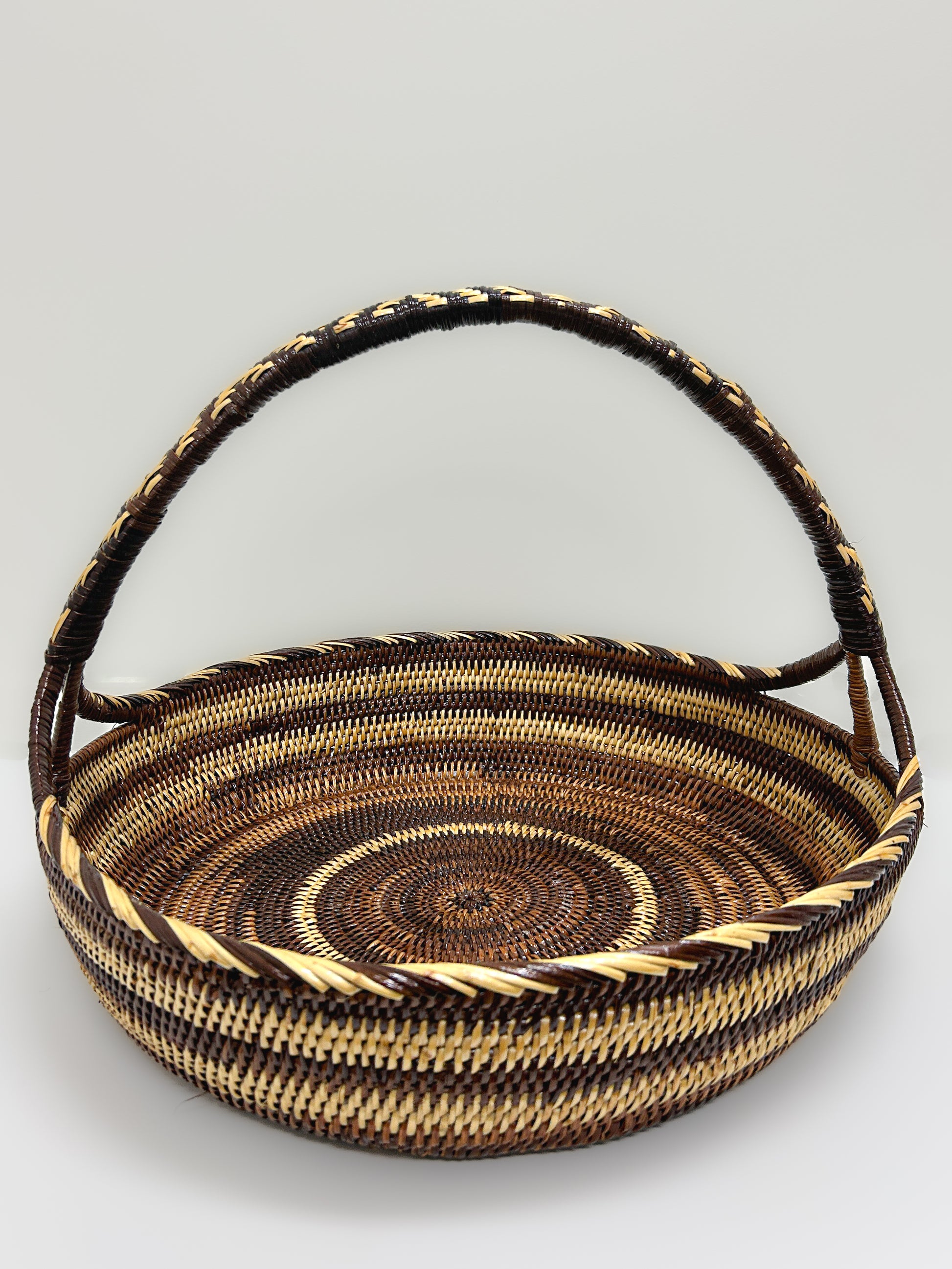 Large Round Striped Woven Basket with Handle from Papua New Guinea