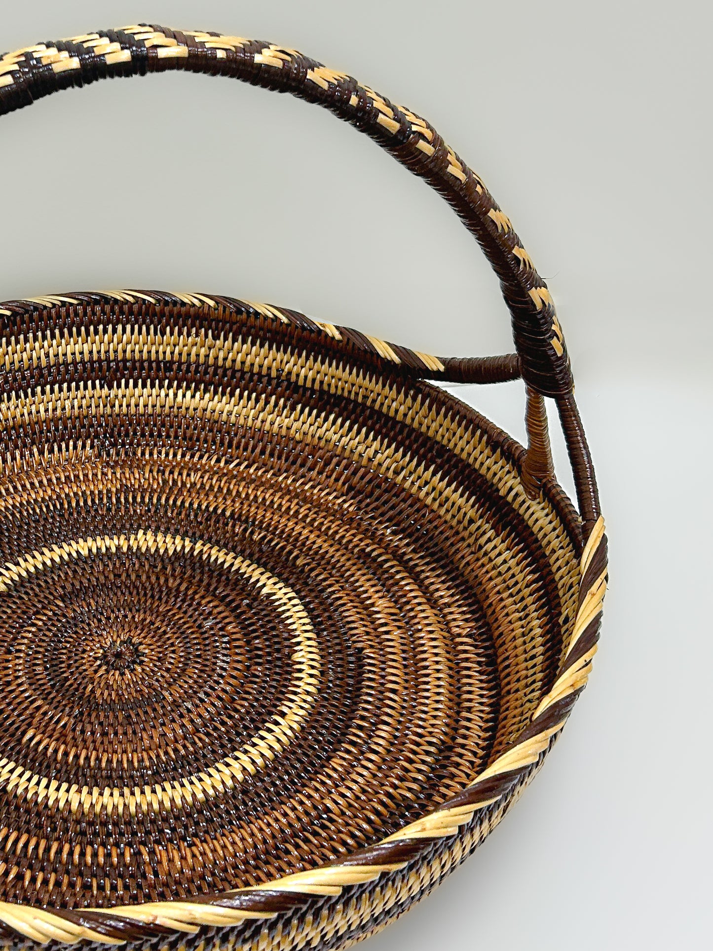 Large Round Striped Woven Basket with Handle from Papua New Guinea