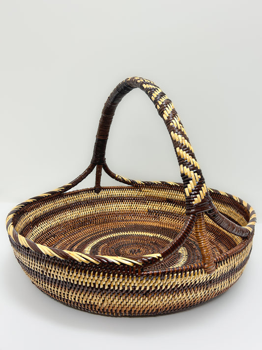 Large Round Striped Woven Basket with Handle from Papua New Guinea 