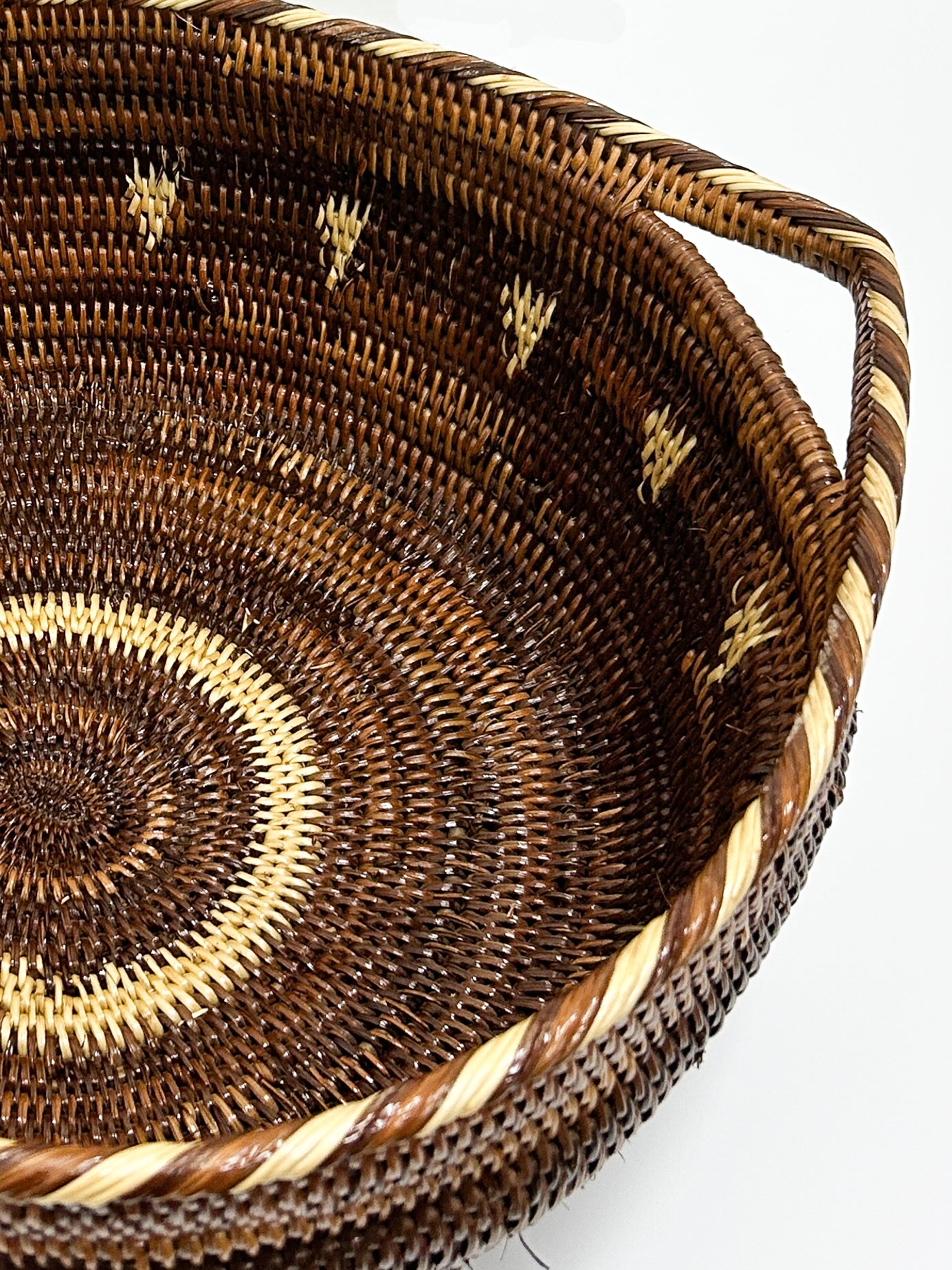 Large Round Handwoven Basket with Handles and triangle detailing