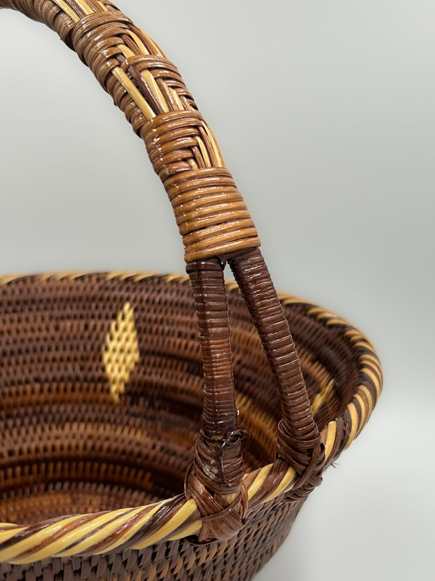 Round Handwoven Basket  from Papua New Guinea with handle and diamon and stripe detailing